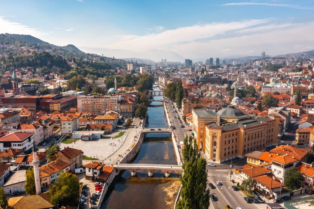 Aerial,View,Of,Sarajevo,Downtown,The,Capital,Of,Bosnia,And